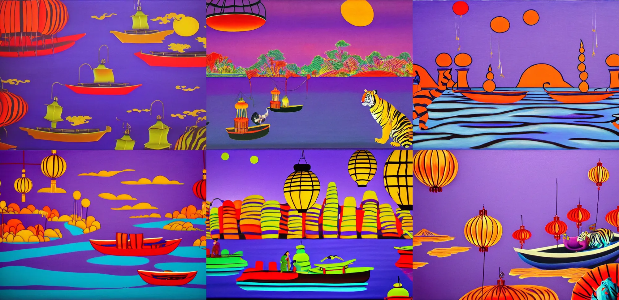Prompt: absurdist acrylic tigers retro boats on river hills in background asian lanterns purple and red hues, surrealism, ornate, oriental