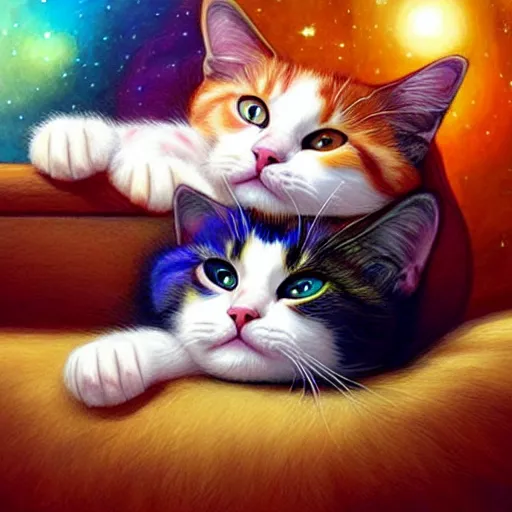 Prompt: two cute multi - colored calico cats with beautiful eyes sleeping inside a cozy home in the evening, stars shining in the night sky through the window, gorgeous art by artgerm, artstation, cgsociety, storybook art