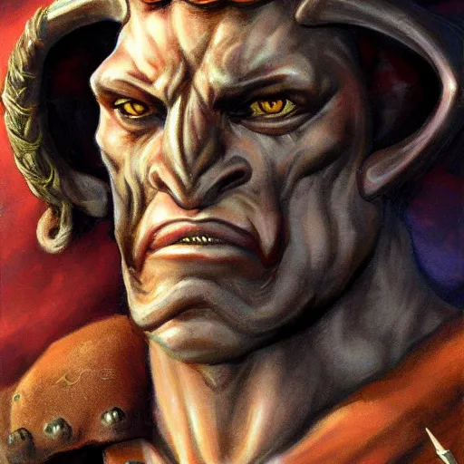 Image similar to Character portrait, face close up: Minotaur Male Cleric. Peace will conquer all. In the style of Ralph Horsley