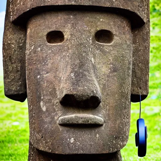 Image similar to a high detail photo of a moai wearing headphones