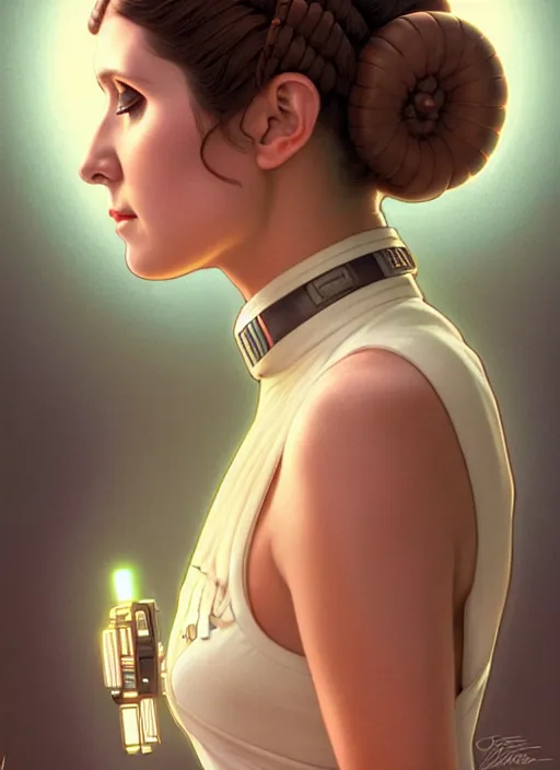 Image similar to symmetry!! portrait of princess leia organa, intricate, elegant, highly detailed, digital painting, artstation, concept art, smooth, shallow focus, illustration, art by artgerm and greg rutkowski and alphonse mucha, 8 k