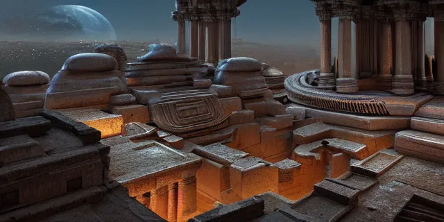 Image similar to beautiful hyperrealistic hyperdetailed epic 3 d render by octane of the mysterious intricate ruins of a temple from an advanced alien starwars civilization under the crescent moon, dramatic lighting