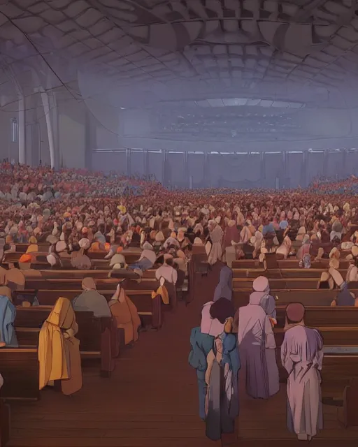 Image similar to moebius and ghibli digital matte art of a crowd in a futuristic church, priest, pews, ethereal, inviting, bright, unreal engine, hyper realism, realistic shading, cinematic composition, realistic render, octane render, detailed textures, photorealistic, wide shot