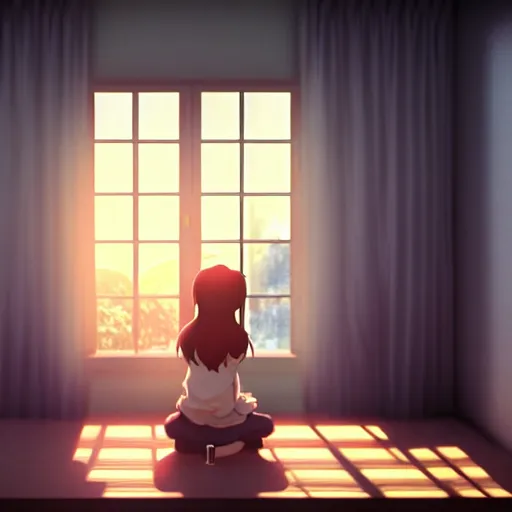 Image similar to girl sits on the sofa and listens to music, the sun shines through the window, highly detailed, 8 k, by kyoto animation