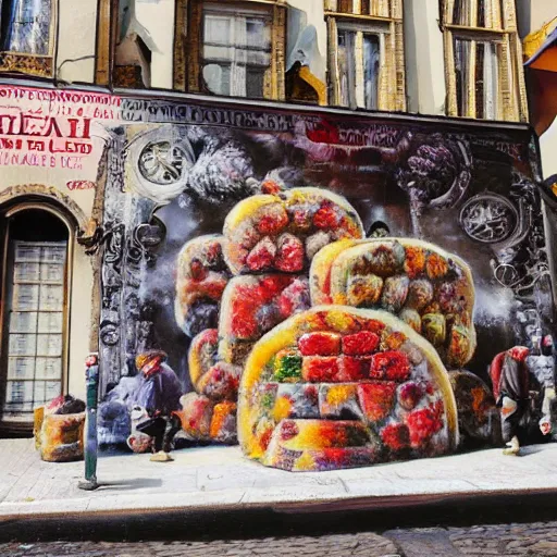 Image similar to by reginald marsh eclectic sangria. a street art of a city made entirely out of kulich, a traditional russian easter bread. the city is bustling with activity. the street art is playful & whimsical, with a touch of magic.