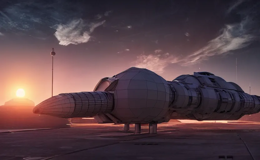 Image similar to 3 d render of a scifi spaceport, sunset lighting, spacecraft taking off, unreal engine, hyper realism, realistic shading, cinematic composition, blender render, octane render, hdr, detailed textures, photorealistic, ultrawide shot, 1 6 mm lens