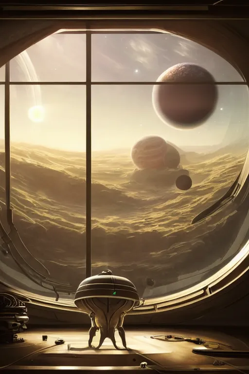 Image similar to Inside a room alien spaceship with large window that provide a scenic view of a huge planet can be seen in the background, Highly detailed labeled, poster, aesthetic, haeccety, trending on artstation, trending on cgsociety