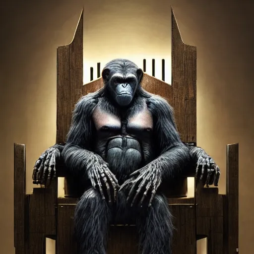 Image similar to koba from planet of the apes covered in scars and biomechanical upgrades sitting on a throne of human bones, hero character art, by chris leib and greg rutkowski and h.r. giger in a surreal portrait, oil on canvas, volumetric lighting, 8k, hd.