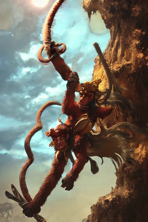 Prompt: monkey king photorealistic cosmic survival, 孫 悟 空 sun wukong, sci fi, painted by craig mullins, designed by sawoozer, akitipe studios, cone, bolt, worm, hog, mud