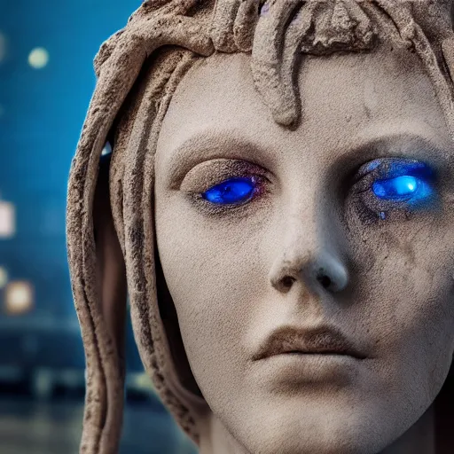 Image similar to the distressed and damaged head of a marble cybernetic lady justice statue wearing a virtual reality headset on ground covered in sand, cyberpunk background, highly detailed, epic lighting, hyper photorealism, 8 k