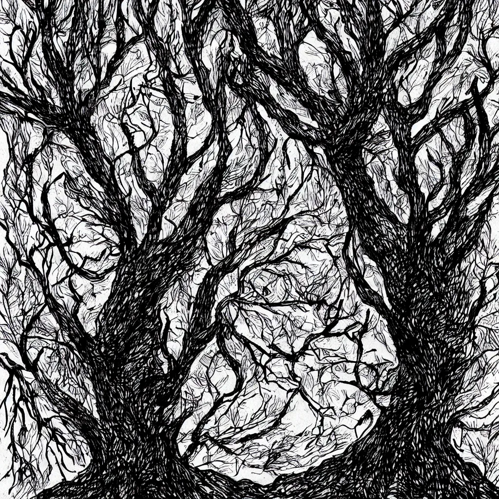 Image similar to ink drawing of tree made of fire dark fantasy dreamlike cinematic lighting dark - red, black, dark gray, red, light - red, orange