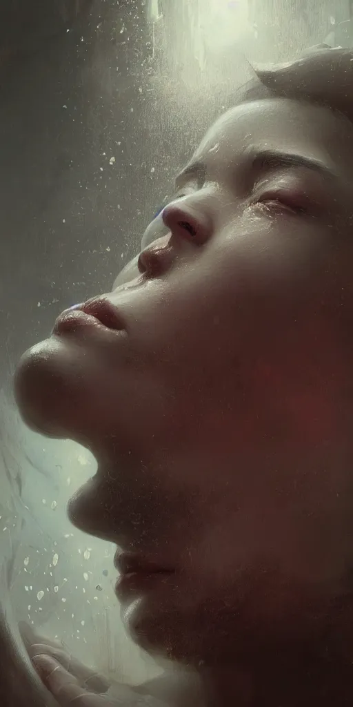 Image similar to close up face portrait of a machine dreaming with it's eyes open in a bathtub inside of a apocalyptic bathroom, extremely detailed digital painting, in the style of fenghua zhong and ruan jia and jeremy lipking and peter mohrbacher, mystical colors, rim light, beautiful lighting, 8 k, stunning scene, raytracing, octane, trending on artstation