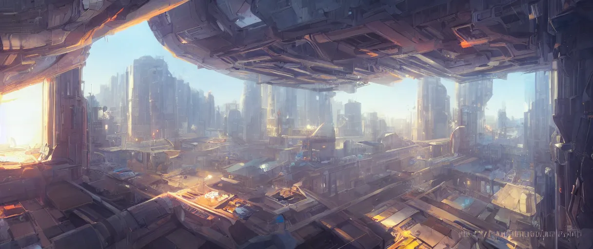 Image similar to penthouse, concept art, digital painting, style of jordan grimmer, warm lighting, futuristic, volumetric lighting, view from below, vivid colours, bright, daytime, godrays, high detail