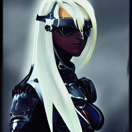 Image similar to Renaissance oil portrait of an anime girl with white hair wearing Elden Ring armour in the style of Yoji Shinkawa, weird camera angle, noisy film grain effect