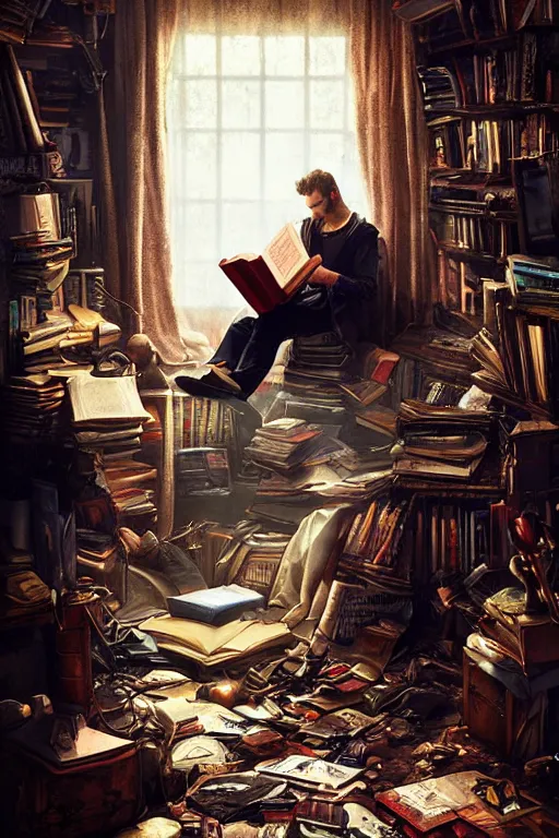 Prompt: a dramatic lighting photo of a guy reading a book in a cluttered messy 9 0 s bedroom, artgerm, tom bagshaw, gerald brom,