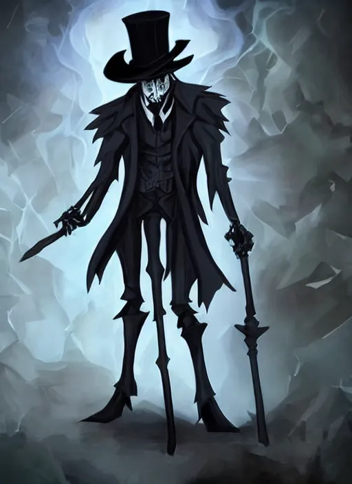 Image similar to DND character concept, skeletal male figure, wearing a deep black suit!!! and tie and top hat, holding a gold! cane!. Surrounded by light blue!!! flames!!