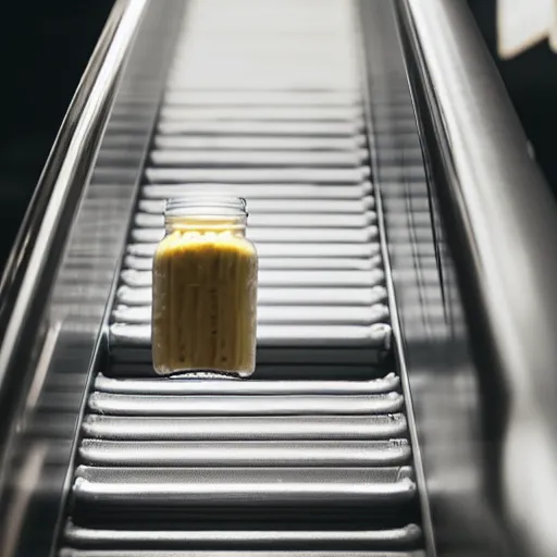 Image similar to a jar of mayonnaise on an escalator, close - up, photorealistic, 8 k