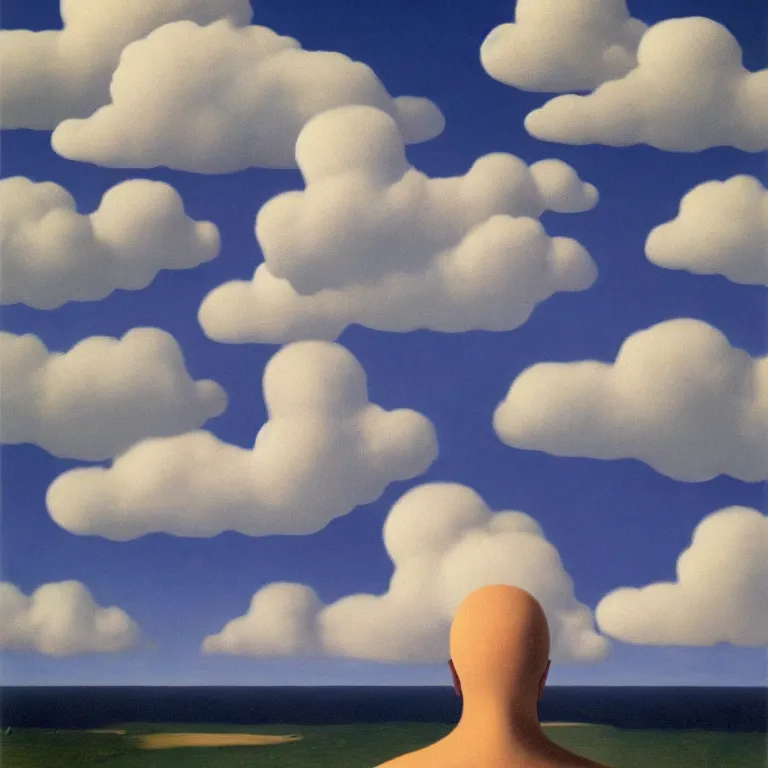 Image similar to cloud - man, by rene magritte, centered, detailed painting, hd, hq, high resolution, high detail, 4 k, 8 k