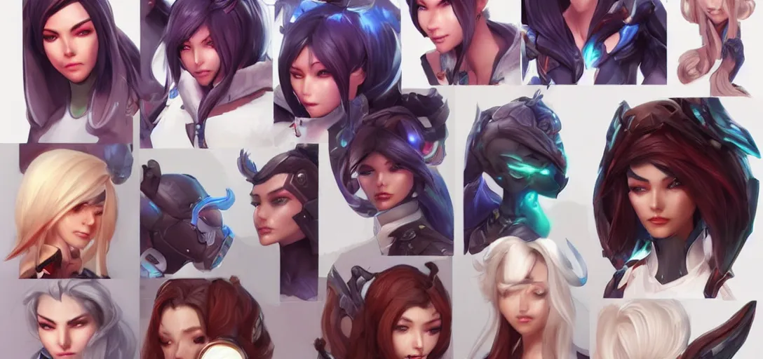 Image similar to concept art of female video game characters head designs, unique hairstyles, overwatch by marc brunet and artgerm