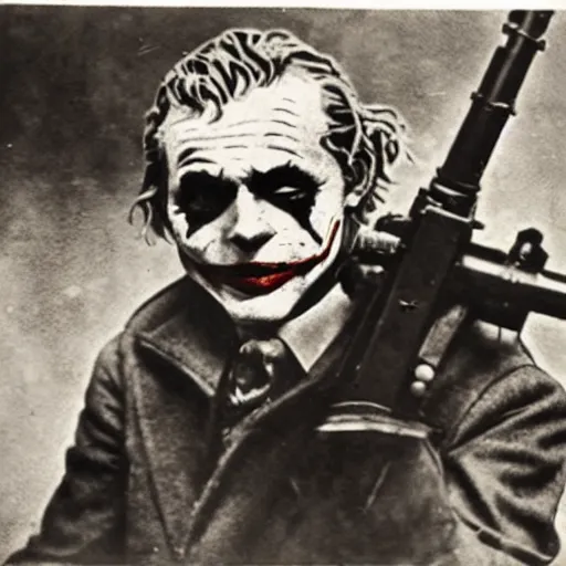 Prompt: old wartime photograph of the joker holding a lewis gun, 1 9 1 7