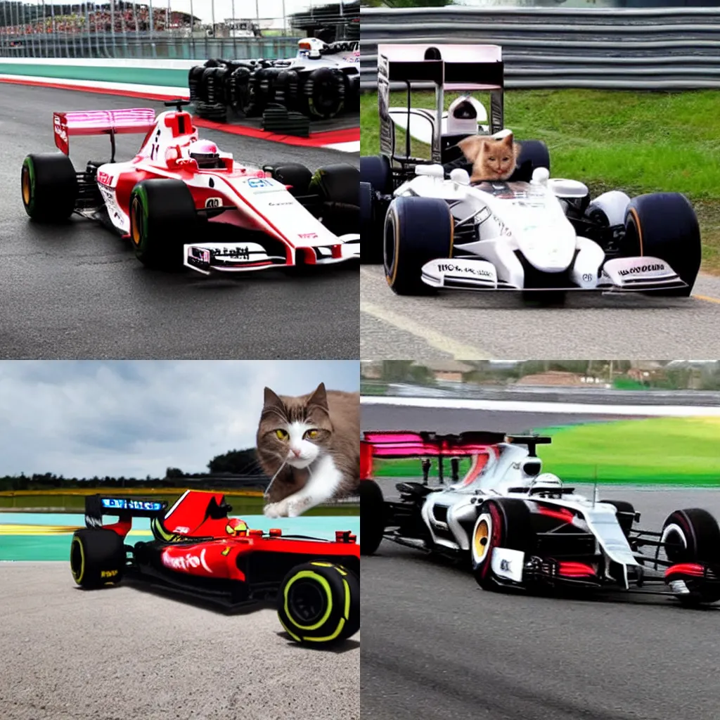 Prompt: a cat driving a cat themed formula1 car