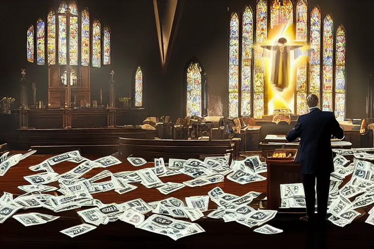 Prompt: Scott Morrison preaching as a televangelist in church, dramatic lighting, god rays, surrounded by piles of cash, ultra detail, photograph