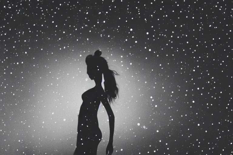 Image similar to blured shadow of dancing young woman on night vision, focused background night sky with stars, polaroid photo