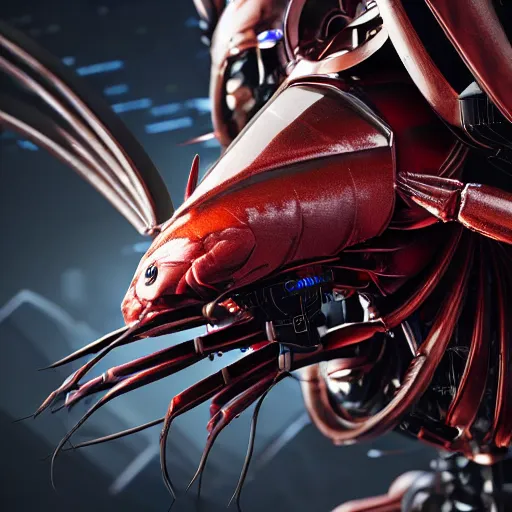 Prompt: a cybernetic engineered cyberpunk shrimp god villain, studio, studio background, sharp focus, dynamic lights, still, photograph, hyper realistic, masterpiece, digital, octane render, rendered, 3 d, blender, 3 d software