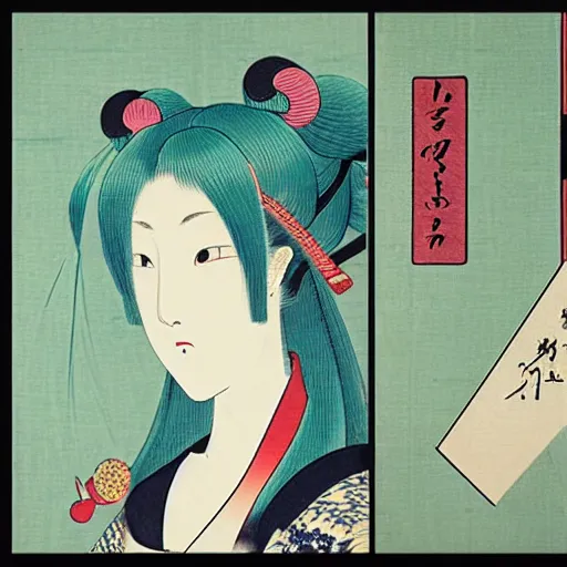 Image similar to ukiyo - e paintings of hatsune miku