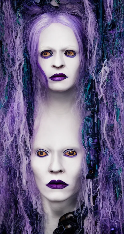 Prompt: portrait of albino woman, long white hair, purple eyes, dark blue lipstick, torn shirt, draped in many limbed steampunk tentlacle, by ernst fuchs, ben templesmith, photorealistic, octane render