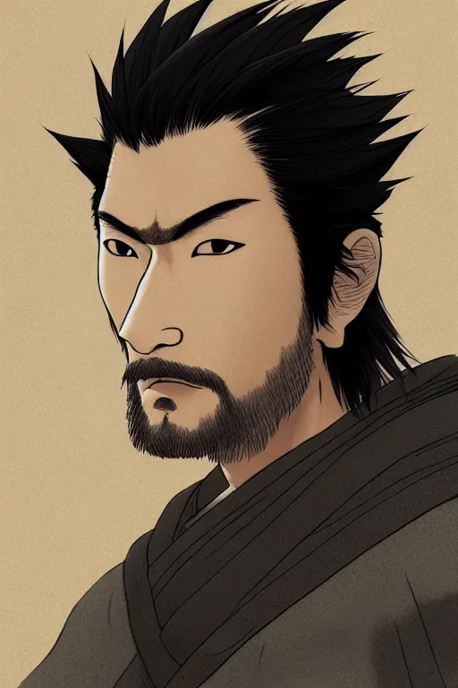 Image similar to face portrait of a handsome and rough ronin with a square jawline, short messy hair, and wearing a haori, by takashi takeuchi, studio ghibli, wlop, kyoto studio, samurai, extremely detailed shading, concept art, digital painting, trending on pixiv, unreal engine 5, octane render, atmosphere, glow, cinematic lighting, full of color