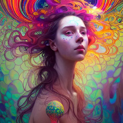 Image similar to A girl having an extremely colorful psychedelic experience, warping time and space, magic mushrooms, psilocybin, LSD, face, detailed, intricate, elegant, highly detailed, digital painting, artstation, concept art, smooth, sharp focus, illustration, art by Krenz Cushart and Artem Demura and alphonse mucha