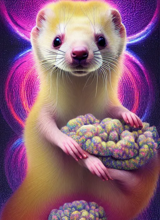 Image similar to hyper detailed 3d render like a Oil painting - kawaii portrait Aurora (blonde Sable Ferret) seen Eating of the Strangling network of yellowcake aerochrome and milky Fruit and Her delicate Hands hold of gossamer polyp blossoms bring iridescent fungal flowers whose spores black the foolish stars by Jacek Yerka, Mariusz Lewandowski, Houdini algorithmic generative render, Abstract brush strokes, Masterpiece, Edward Hopper and James Gilleard, Zdzislaw Beksinski, Mark Ryden, Wolfgang Lettl, hints of Yayoi Kasuma, octane render, 8k