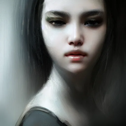 Image similar to a cute girl by ruan jia, closeup headshot, black horsetail hair, black eyes