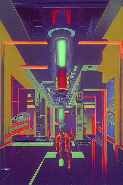 Image similar to 8 0 s art deco indoor spacestation with swimmingpool, robots, led screens, droids, neon sign, cinematic dramatic cyberpunk textural fluid lines otherworldly vaporwave interesting details fantasy lut epic composition by basquiat zdzisław beksinski james jean artgerm rutkowski moebius francis bacon gustav klimt