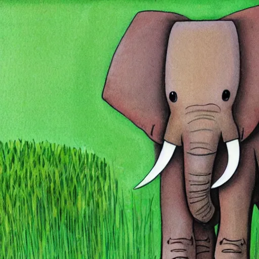 Prompt: Portrait of an elephant on a green meadow, Book for elementary school students