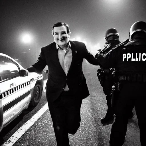 Image similar to Ted Cruz with a wide grin being chased down by multiple police officers, black and white, creepy lighting, foggy atmosphere, scary, horror, ornate, eerie, fear