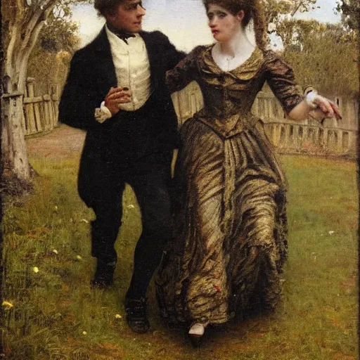 Image similar to young victorian man and woman traversing a maze, painted by alfred stevens