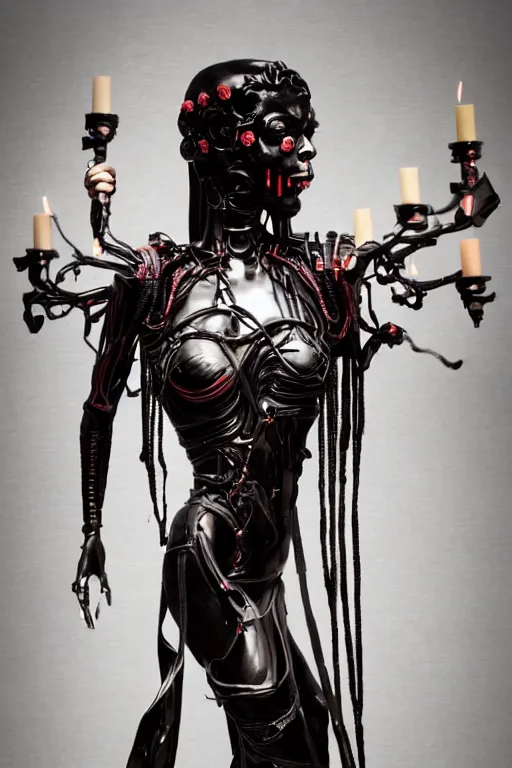 Prompt: full-body cyberpunk style sculpture of a young beautiful dark priestess, half android with a head opening exposing circuitry, glowing red eyes, black roses, flowing blood-red colored silk, fabric, candles. baroque elements, human skulls. full-length view. baroque element. intricate artwork by Caravaggio. crows flying in background. Trending on artstation, cinematic lighting from the right. hyper realism, octane render, 8k, depth of field, 3D