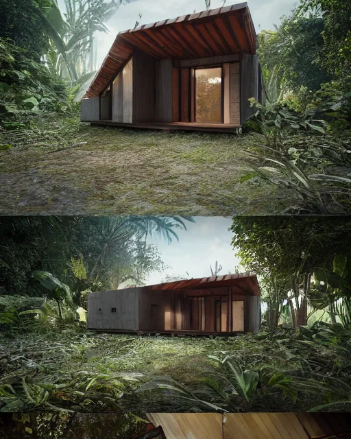 Prompt: a beautiful 3d renderings of a little house in the jungle, architecture by SOM Architect. Architectural photography, 14mm, cinematic photography, high resolution 4k, cg architects, vray