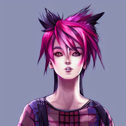 Image similar to full headshot portrait of anime woman with pink mohawk punk, digital art, drawn by WLOP, by Avetetsuya Studios, anime manga panel, trending on artstation, wearing a plaid shirt