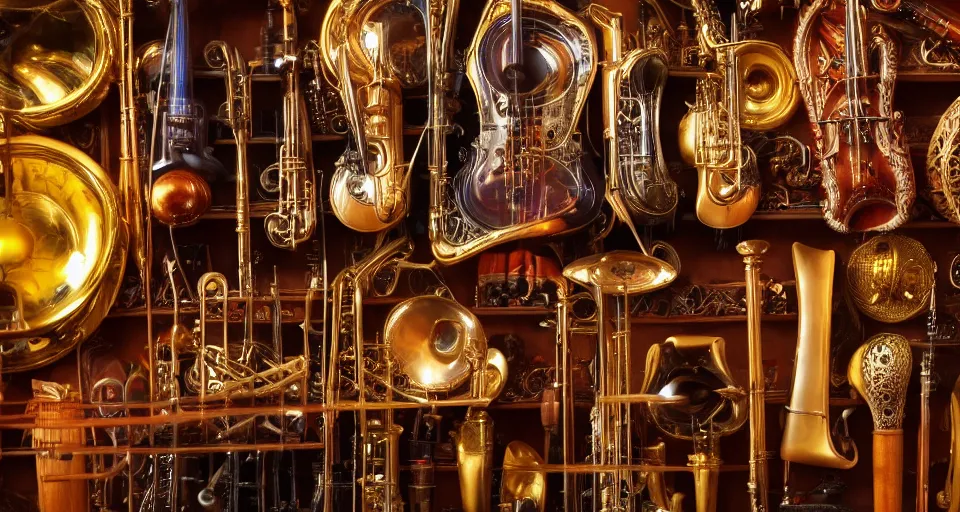 Image similar to a shelf of amazing magical musical instruments, cinematic lighting, detailed, beautiful colors, ornate 4 k