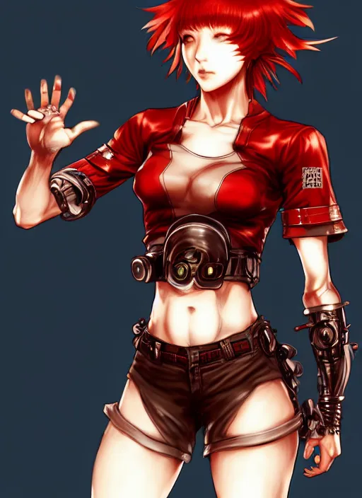 Image similar to fullbody!! yoshitaka amano and ayami kojima gorgeous girl symmetrical face, short red hair, crop top, shorts, dynamic action pose, hyper detailed, character concept, intricate, elegant, digital painting, artstation, smooth, sharp focus