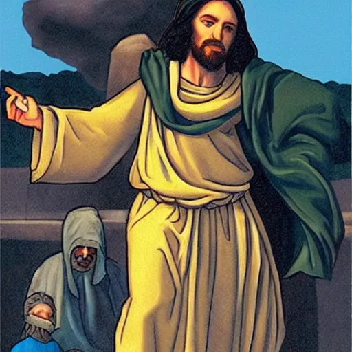 Image similar to jesus as a bank robber, photograph