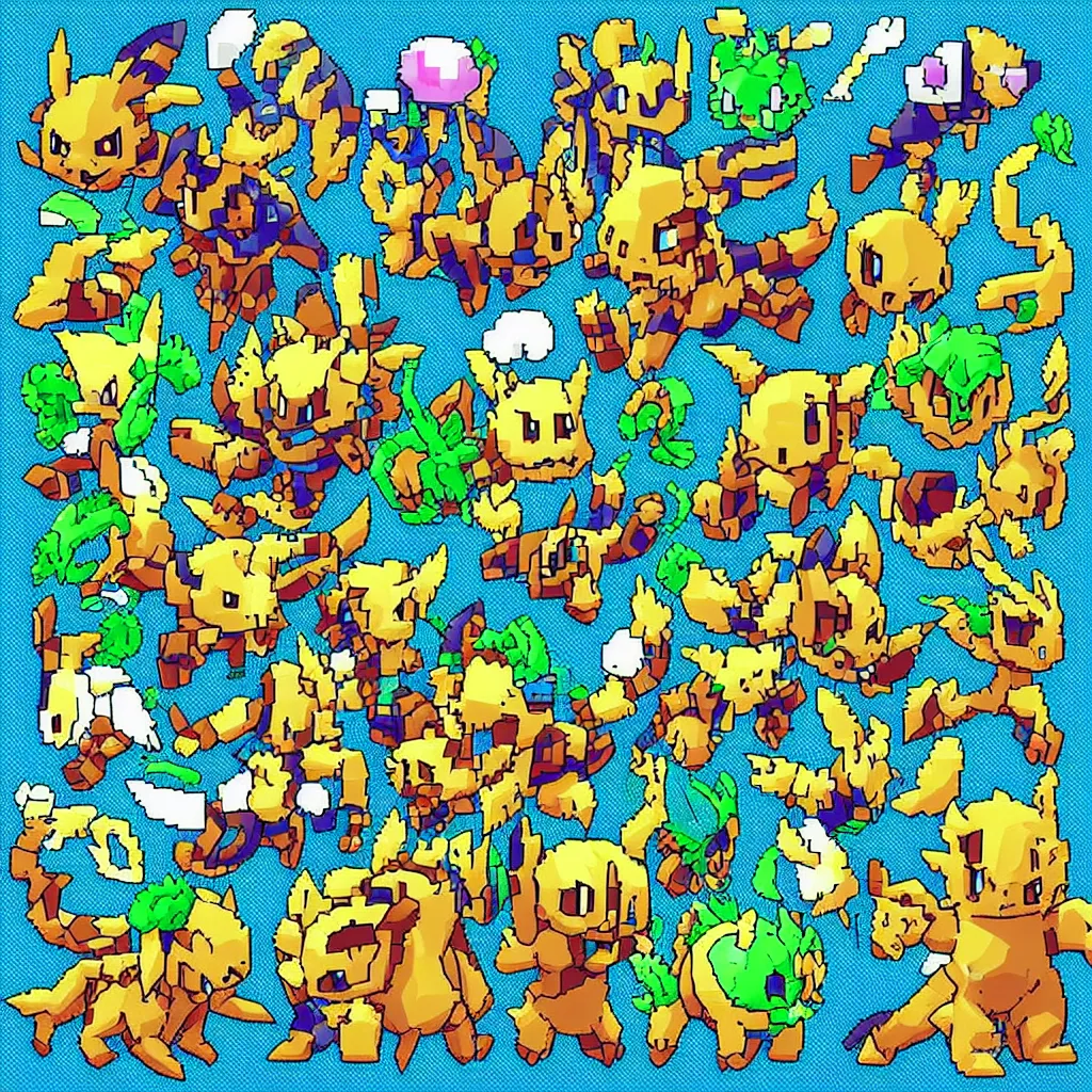 Image similar to pixelated pokemon monster inspired by ragnarok online, 1 2 8 bit, 1 0 0 0 x 1 0 0 0 pixel art, 4 k, super detailed, nintendo game, pixelart, high quality, no blur, sharp geometrical squares, concept pixelart