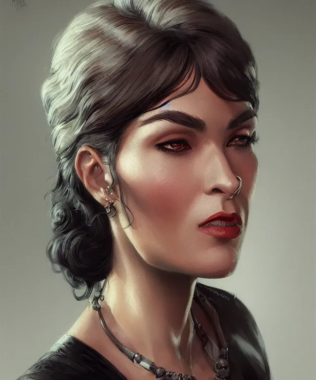 Prompt: Portrait of a female Mafia boss from 1960s, highly detailed, digital painting, artstation, concept art, smooth, sharp focus, illustration by Artgerm and Greg Rutkowski and Tom Bagshaw