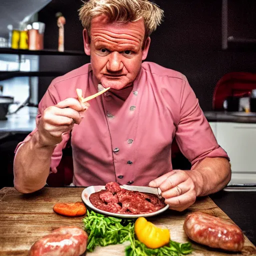 Image similar to gordon ramsey eating sausage with sauce and not liking it, high quality photograph, photorealist F1.8