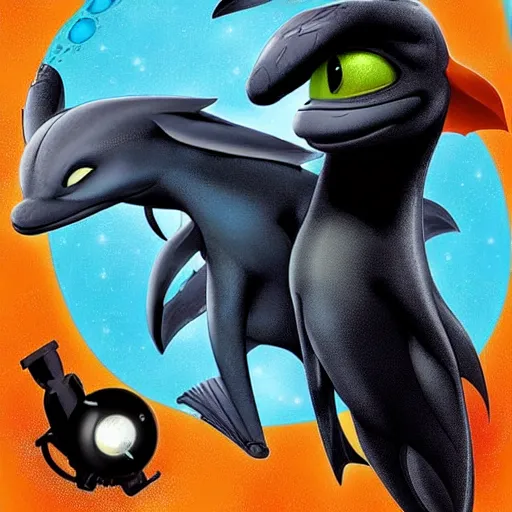 Prompt: “ dolphin in the style of how to train your dragon holding laser gun, floating alone, with a black background, digital art, award winning, trending on art station, retro style ”