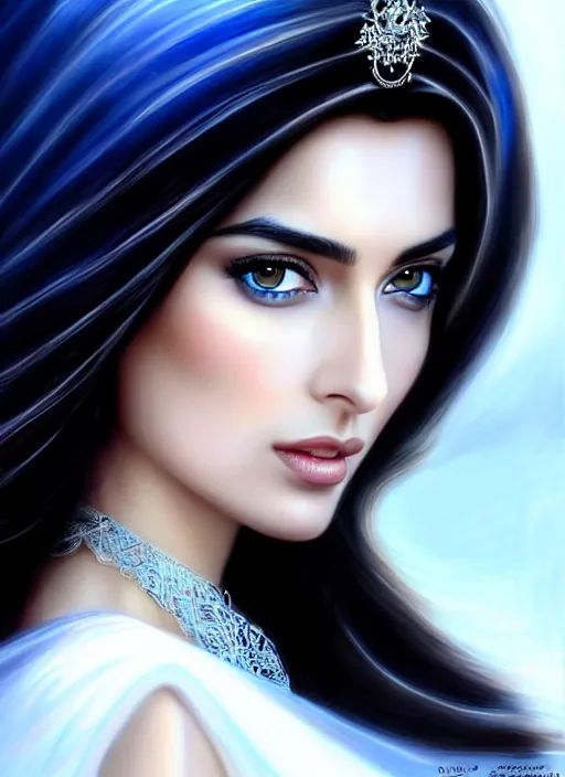 Prompt: beautiful ameera al taweel, bright blue eyes, long wavy black hair, white veil, in the style of stefan kostic, realistic, sharp focus, 8k high definition, insanely detailed, intricate, elegant, art by stanley lau and artgerm