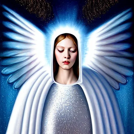 Image similar to beautiful high details hyper realistic painting of white angel in the hood coming from space with giant ball of miracle light from the chest!!!!!, 4 k hd face!!!, fashion face, no gender, giant silver holographic wings, by jan van eyck, holography space, white sparkles everywhere, thin strokes, high textures, silver background